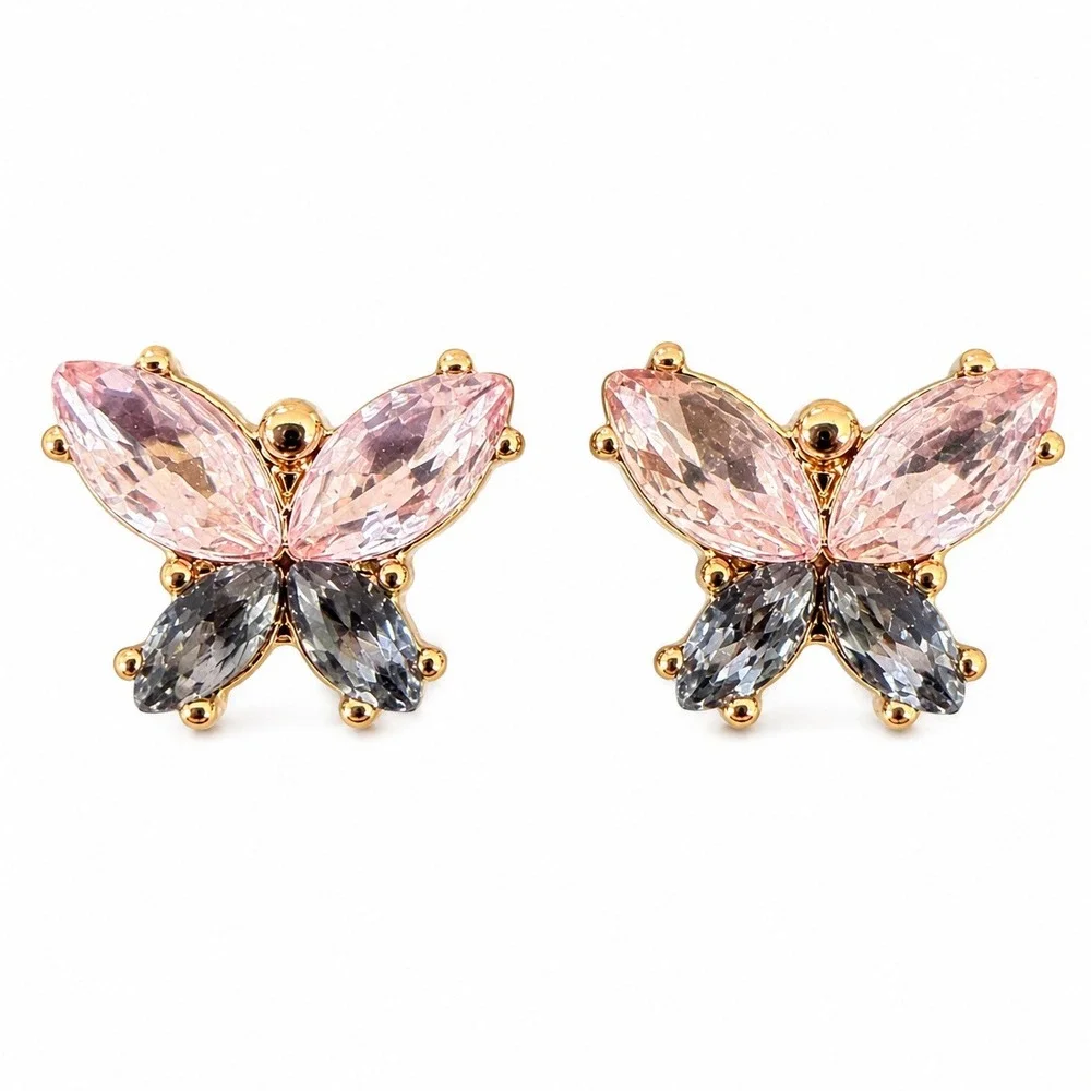 Vintage Chico's Butterfly Crystal Stud Earrings‎ Pink Gray Gold Tone NOS Y2K